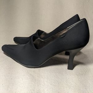 Anne Klein Shoe Black Pump Sz 10M Chunky Stiletto Square Pointy Toe Fabric Upper